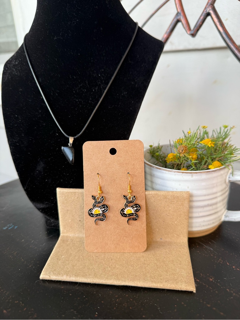 Handmade Black and Yellow Snake Drop Earrings and Black Crystal style Necklace